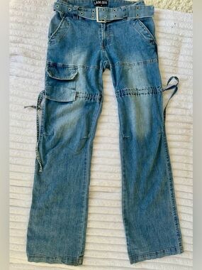 I.AM.GIA Women's Light Blue Straight Leg Cargo Jeans with Belt
